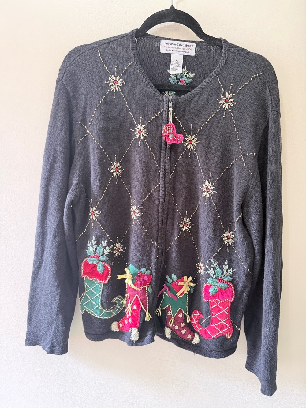 Vintage Heirloom Christmas Stockings Holiday Knit Cardigan Festive Grandma XL